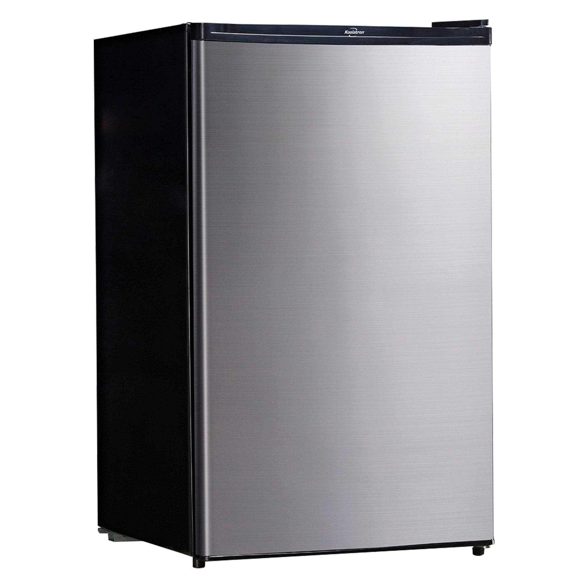 Black and stainless steel compact fridge with freezer on a white background