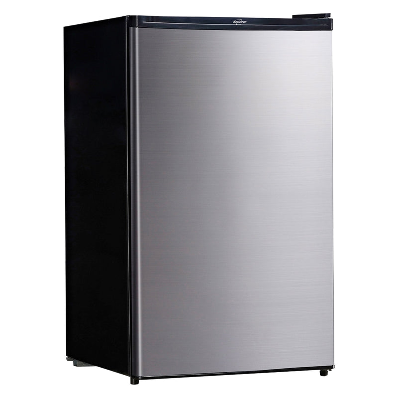 Product shot of black and stainless steel compact fridge with freezer on a white background
