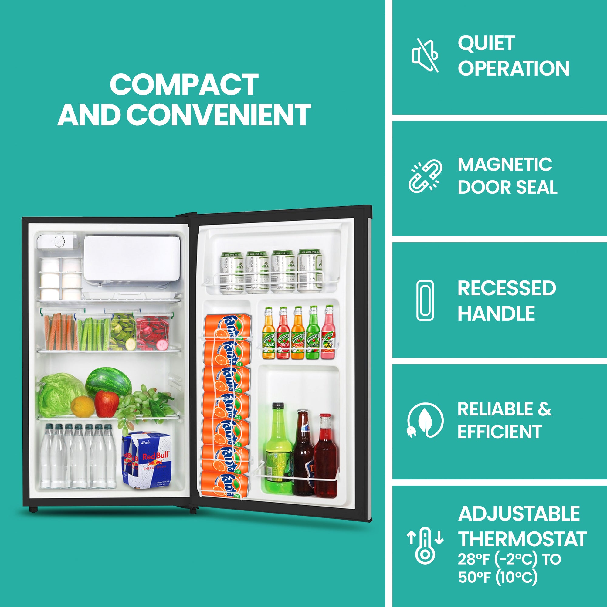 Compact fridge with freezer on an aqua background with text above reading, "Compact and convenient." Icons and text to the right describe features: Quiet operation; magnetic door seal; recessed handle; reliable and efficient; adjustable temperature 28 to 50°F / -2 to 10°C