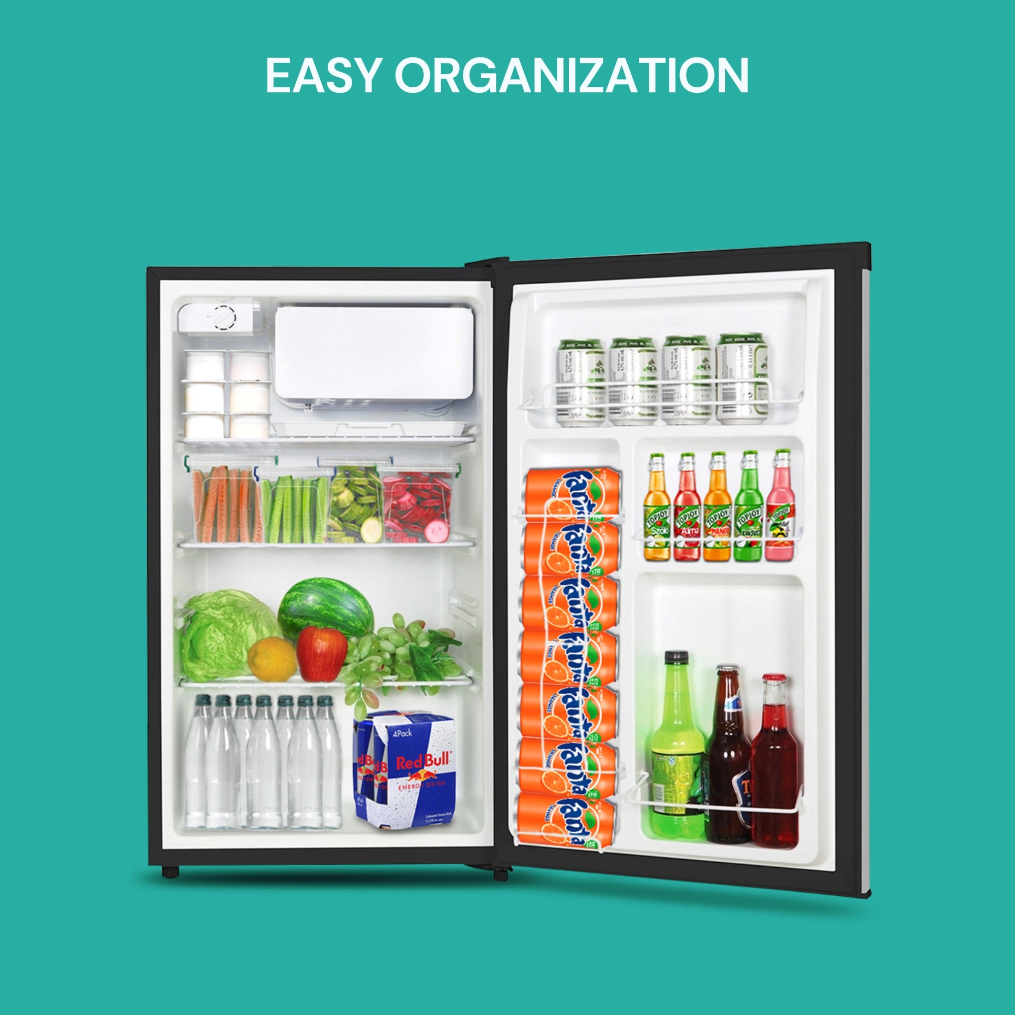 Black and stainless steel compact fridge with freezer, open, on an aqua background with text above reading, "Easy organization."