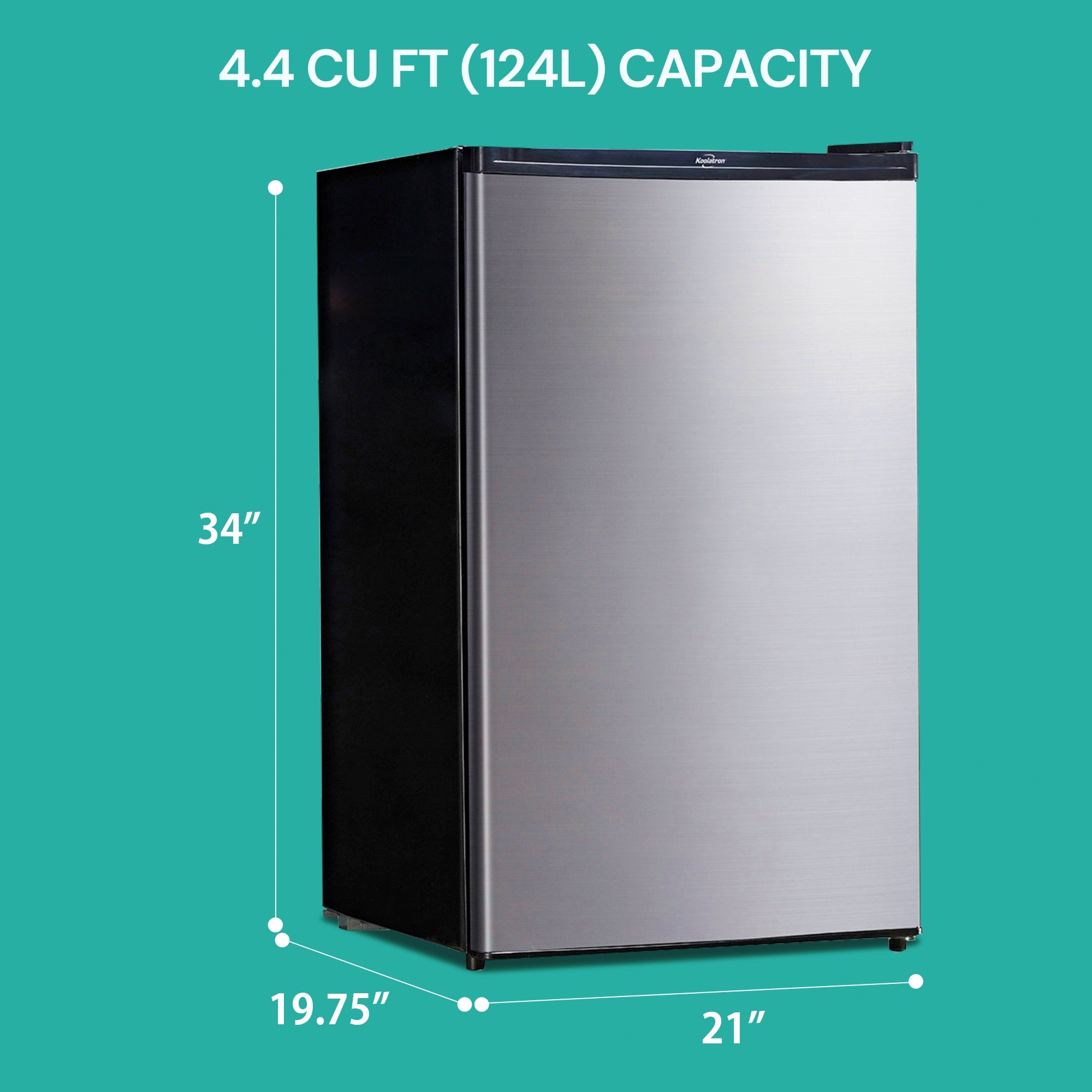 Black and stainless steel compact fridge with freezer on an aqua background with dimensions labeled and text above reading, "4.6 cu ft (130L) Capacity"
