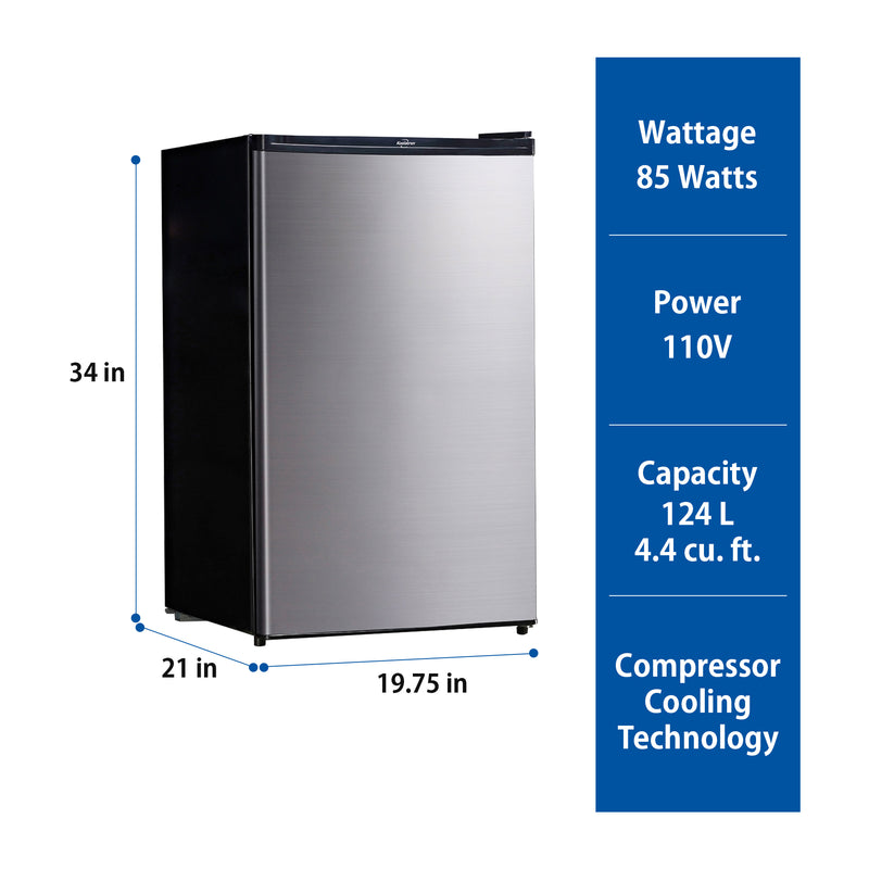 Product shot of black and stainless steel compact fridge with freezer on a white background with dimensions labeled. Text to the right reads, "Wattage 85 Watts; Power 110V; Capacity 124L 4.4 cu ft; Compressor cooling technology"
