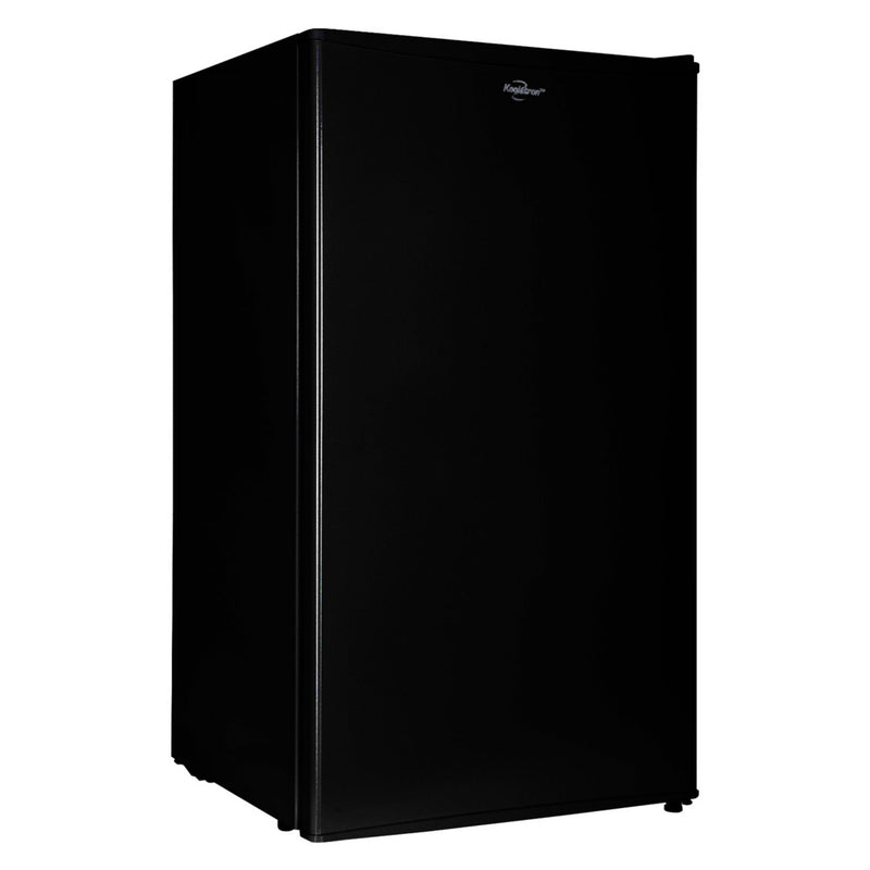 Product shot of black compact fridge with freezer on a white background