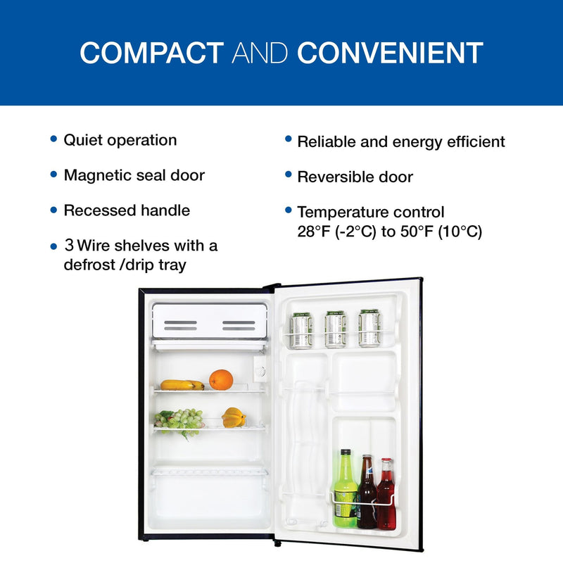 Product shot of compact fridge with freezer open and filled with food items. Text above reads, "Compact and convenient," followed by a list of bullet points: Quiet operation; magnetic seal door; recessed handle; 3 wire shelves with a defrost/drip tray; reliable and energy efficient; reversible door; Temperature control 28F (-2C) to 50F (10C)