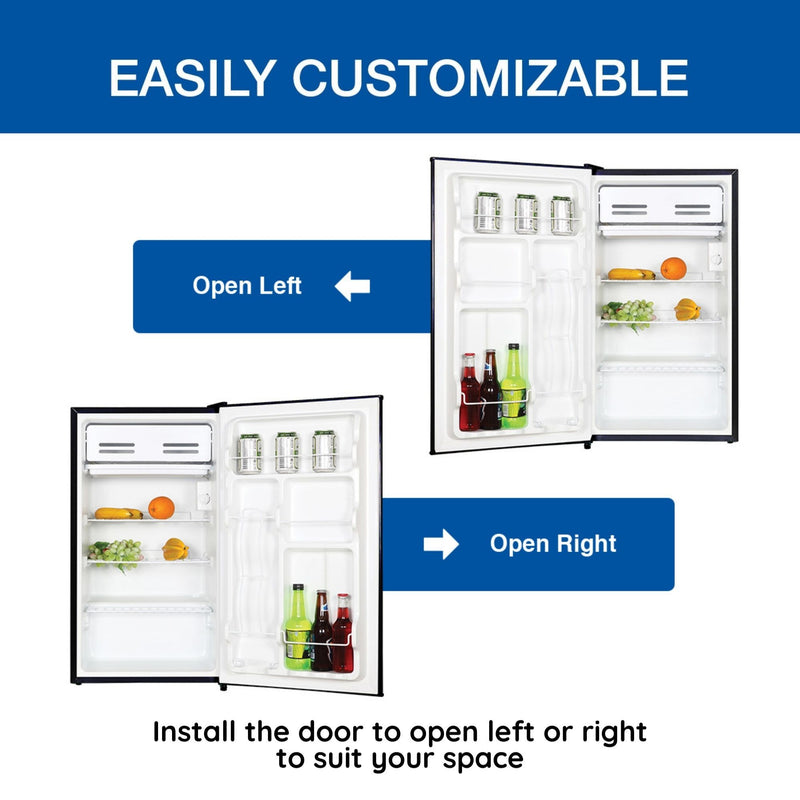 Two product shots showing compact fridge, open with food and beverages inside, with door installed to open left or right. Text above reads, "Easily customizable," and text below reads, "Install the door to open left or right to suit your space"