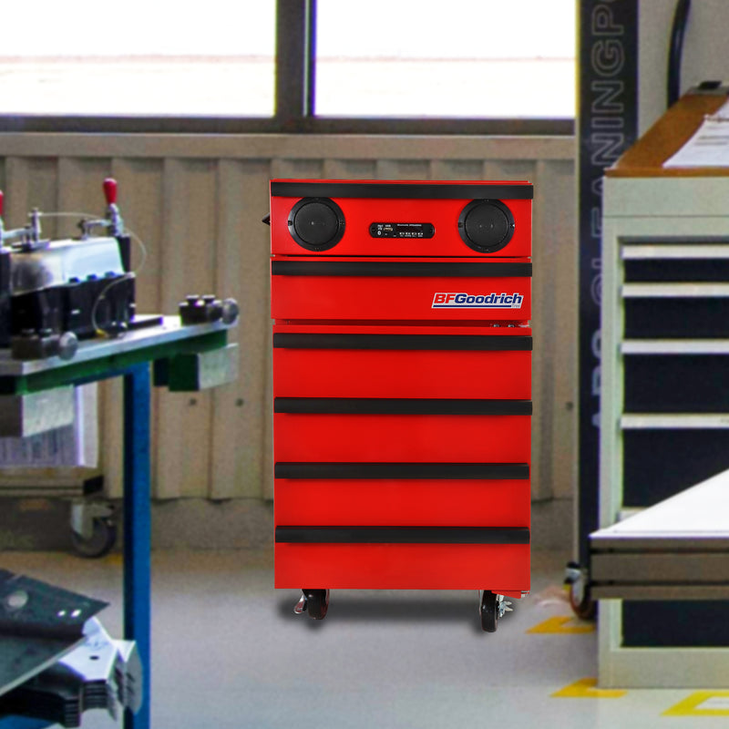 Lifestyle image of BFGoodrich rolling compact fridge with tool storage in a workshop