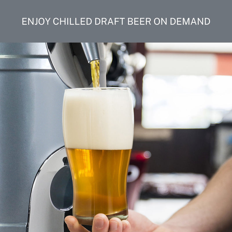 Lifestyle image shows a person’s hand filling a beer glass from the 5L beer dispenser. Text above reads, "Enjoy chilled draft beer on demand."