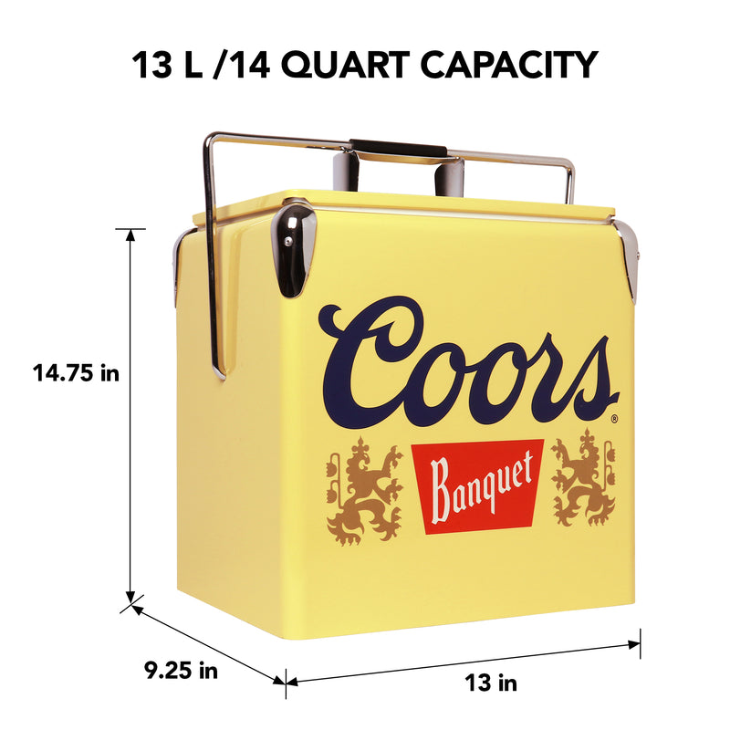 Product shot of Coors Banquet retro 14 liter ice chest with bottle opener, closed, on a white background, with dimensions labeled. Text above reads, "13L/14 quart capacity"