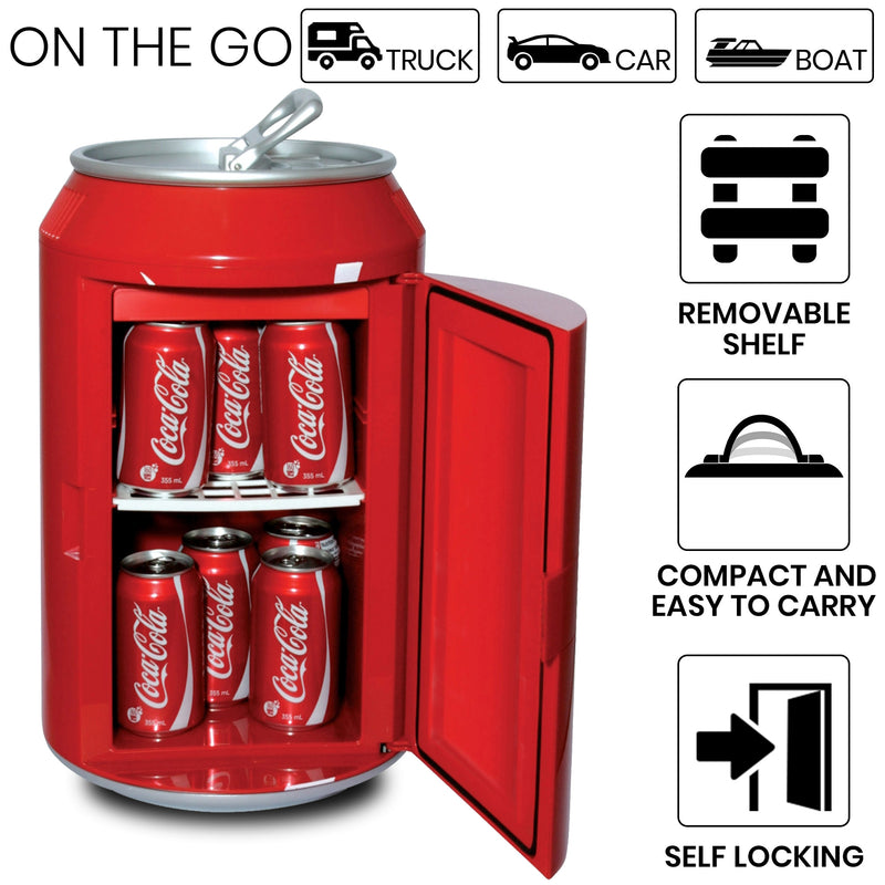 Closeup image of open cooler with cans of Coke inside and pull-tab carry handle flipped up. Above are icons and text describing: On the go - truck, car, boat. To the right are icons and text describing: Removable shelf; compact and easy to carry; self-locking