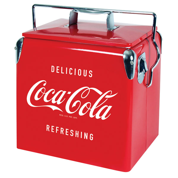 Product shot of Coca-Cola retro ice chest cooler with bottle opener, closed, on a white background