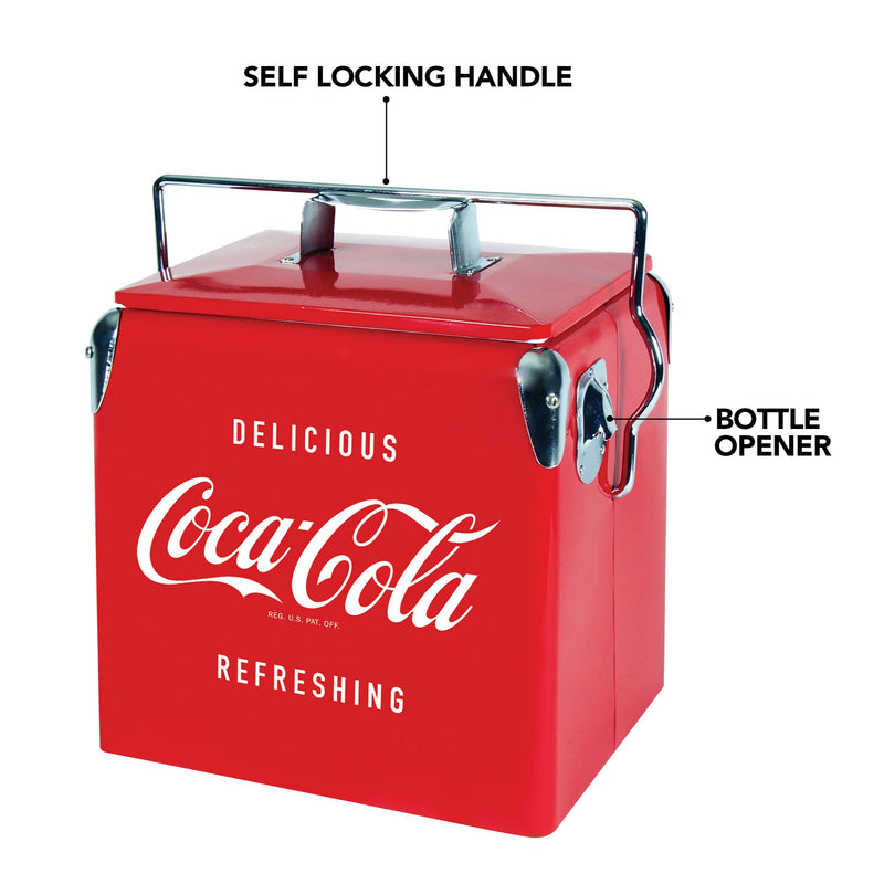 Product shot of Coca-Cola 14 qt retro cooler with bottle opener, closed, on a white background, with parts labeled: Self-locking handle; bottle opener