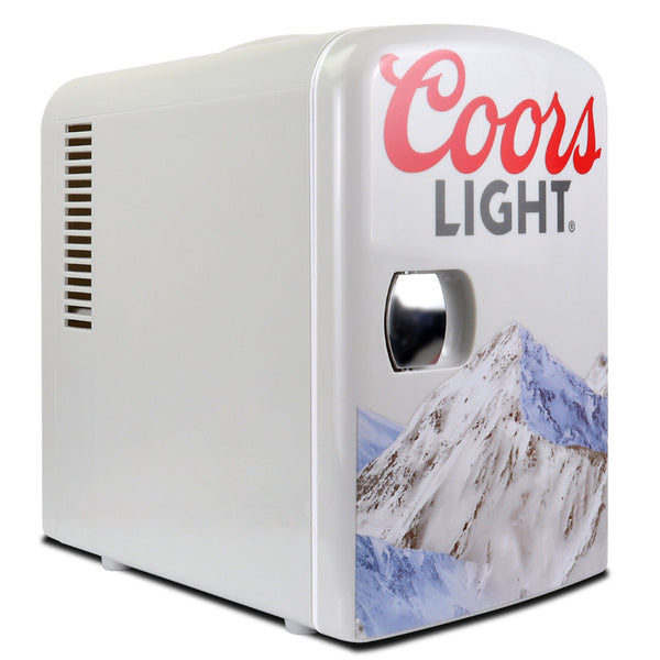 Product shot of Coors Light 4L mini fridge, closed, on a white background