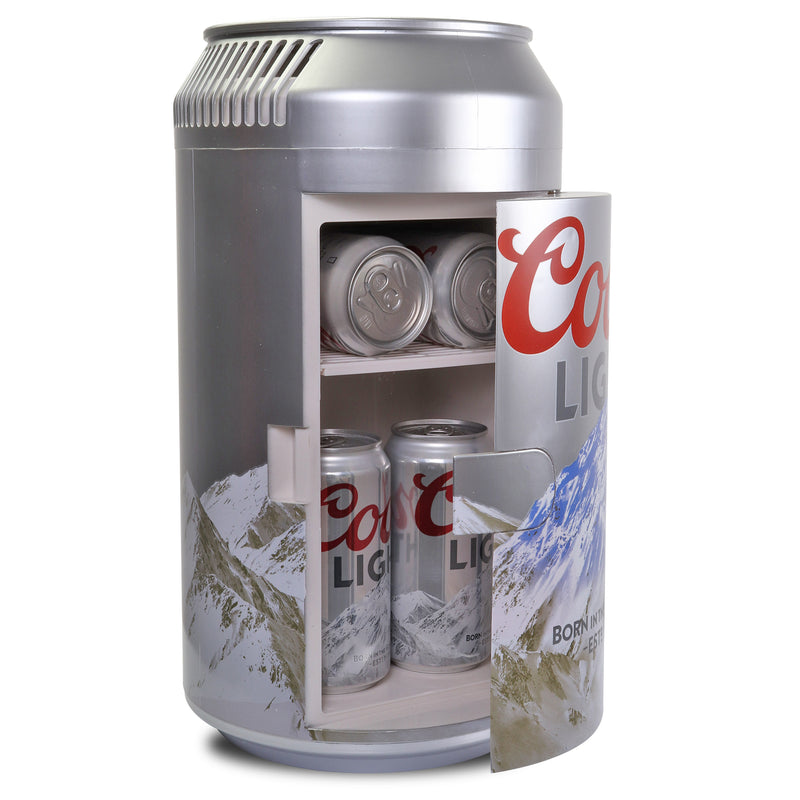 Product shot of Coors Light can-shaped mini fridge, open with 6 cans of Coors Light beer inside, on a white background