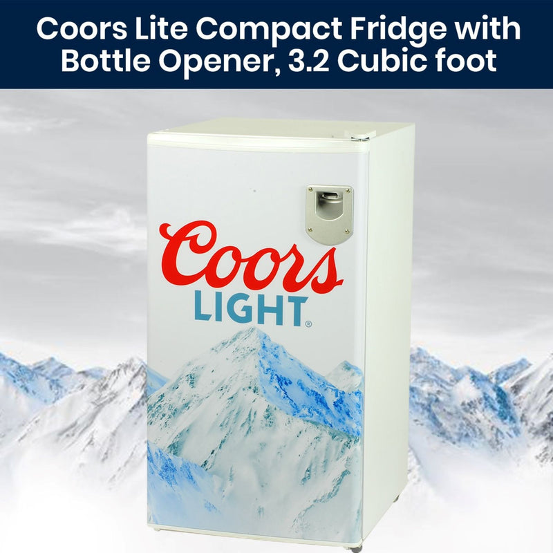 Product shot of Coors Light compact fridge, closed, with an image of the Rocky Mountains behind it. Text above reads, "Coors Light Compact Fridge with Bottle Opener, 3.2 Cubic Foot" 