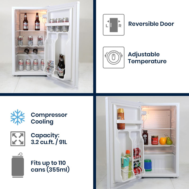 The top half of the image shows the compact fridge with door installed opening to the right and cans and bottles of Coors Light beer visible inside. Text and icons to the right describe: Reversible door; Adjustable temperature. Bottom half shows the compact fridge with door installed to open to the left and food and drinks visible inside. Text and icons to the left describe: Compressor cooling; Capacity 3.2 cu ft/91L; Fits up to 110 cans (355 mL)