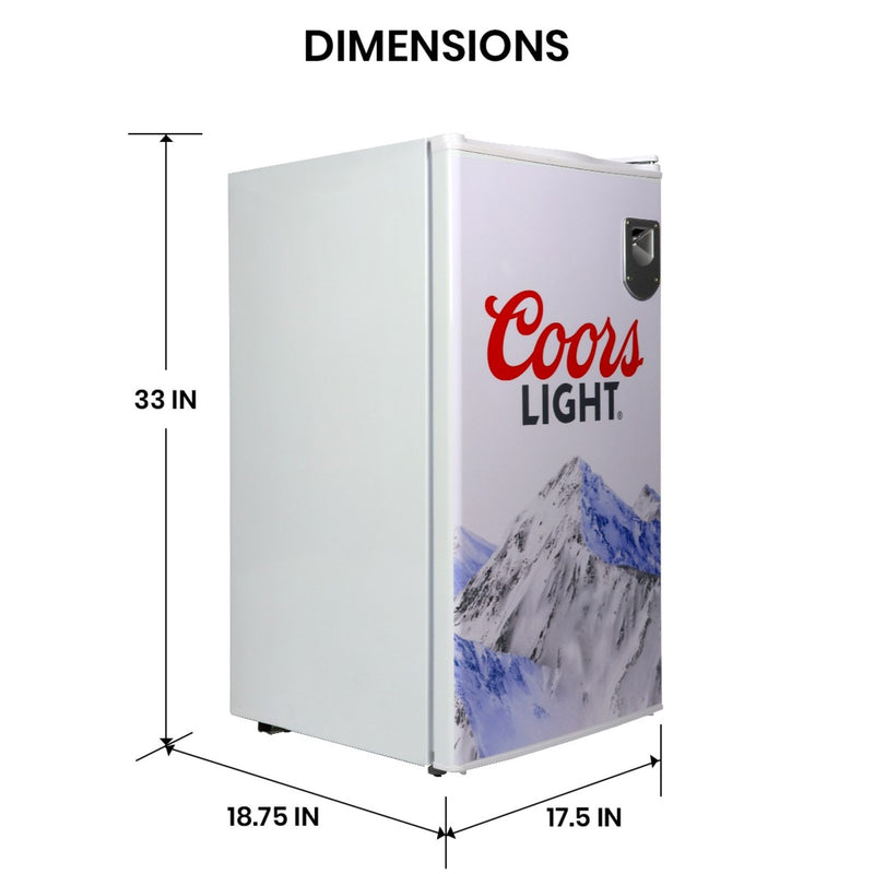 Product shot of Coors Light compact fridge with bottle opener on a white background with dimensions labeled
