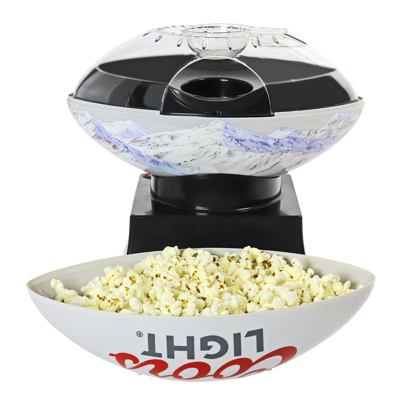 Product shot of Coors Light popcorn maker on a white background with serving bowl full of popcorn in front