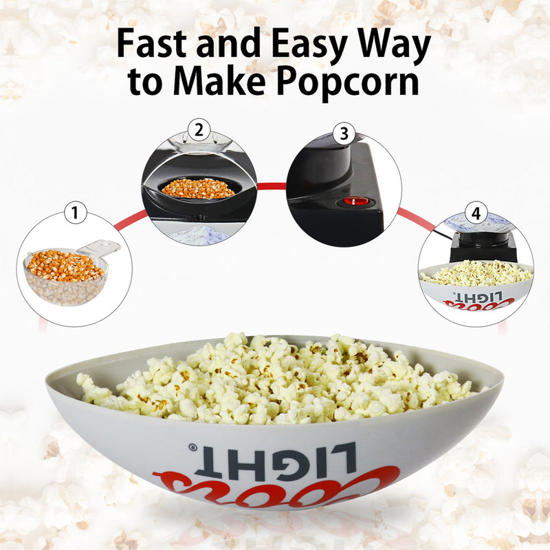 Product shot of football-shaped serving bowl filled with popcorn below four inset images showing the steps for making popcorn: First image shows measuring scoop filled with popcorn kernels; second shows popcorn kernels inside air popper; third image shows closeup of power button; fourth image shows closeup of the serving bowl with popcorn ready. Text above reads, "Fast and easy way to make popcorn