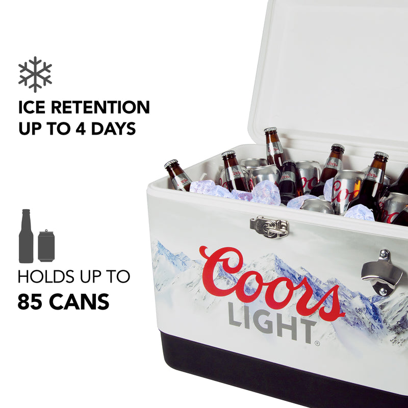 Product shot of Coors Light 51 L ice chest, open with ice and bottles and cans of Coors Light beer inside, on a white background. Text and icons to the left describe: Ice retention up to 4 days; holds up to 85 cans