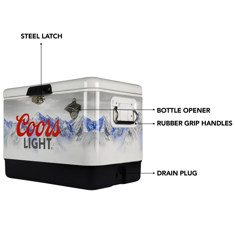 Product shot of Coors Light 54 quart ice chest with bottle opener, closed, on a white background, with parts labeled: Steel latch; rubber grip handles; bottle opener; drain plug