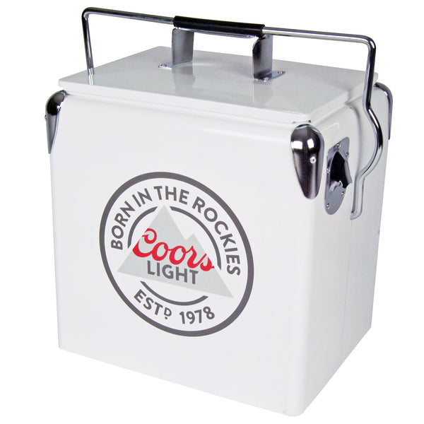 Product shot of Coors Light retro ice chest cooler, with bottle opener visible on the side, closed, on a white background