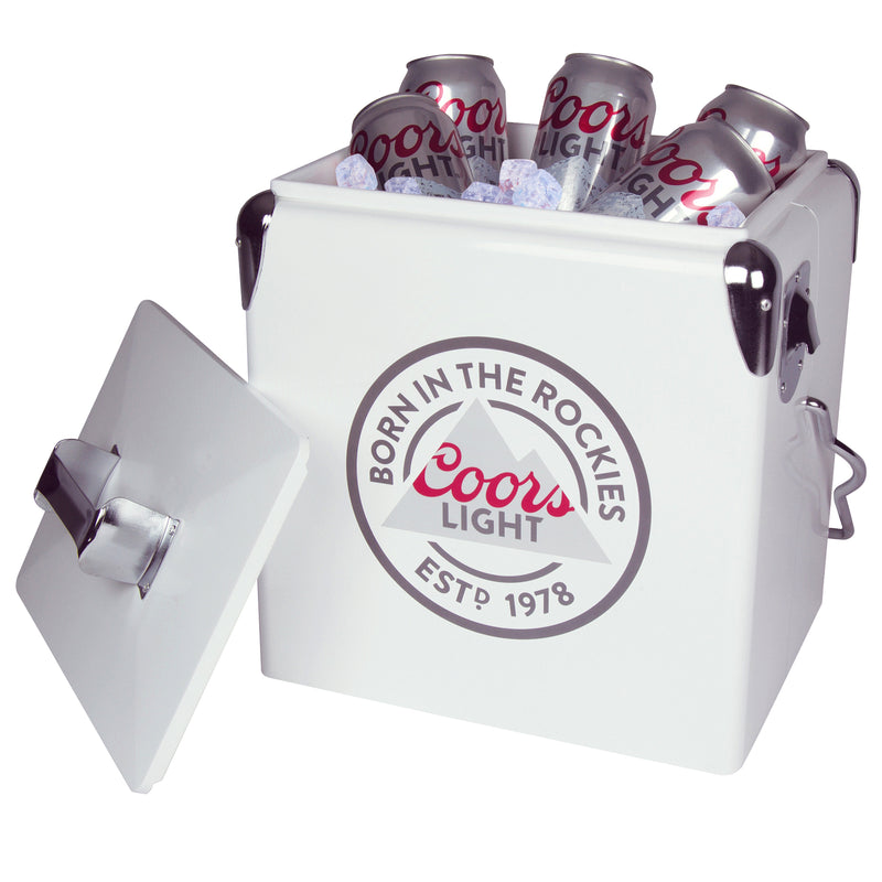 Product shot of Coors Light retro ice chest, open with ice and cans of Coors Light beer inside and the lid leaning against it, on a white background
