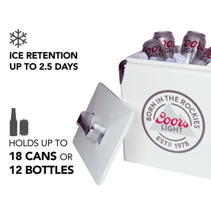 Product shot of Coors Light 13L retro ice chest, open with ice and cans of Coors Light beer inside and the lid leaning against it, on a white background. Text and icons to the left describe: Ice retention up to 2.5 days; holds up to 18 cans or 12 bottles
