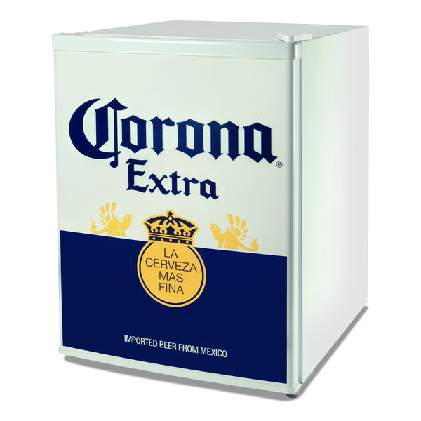 Product shot of Corona compact beer fridge with freezer on a white background