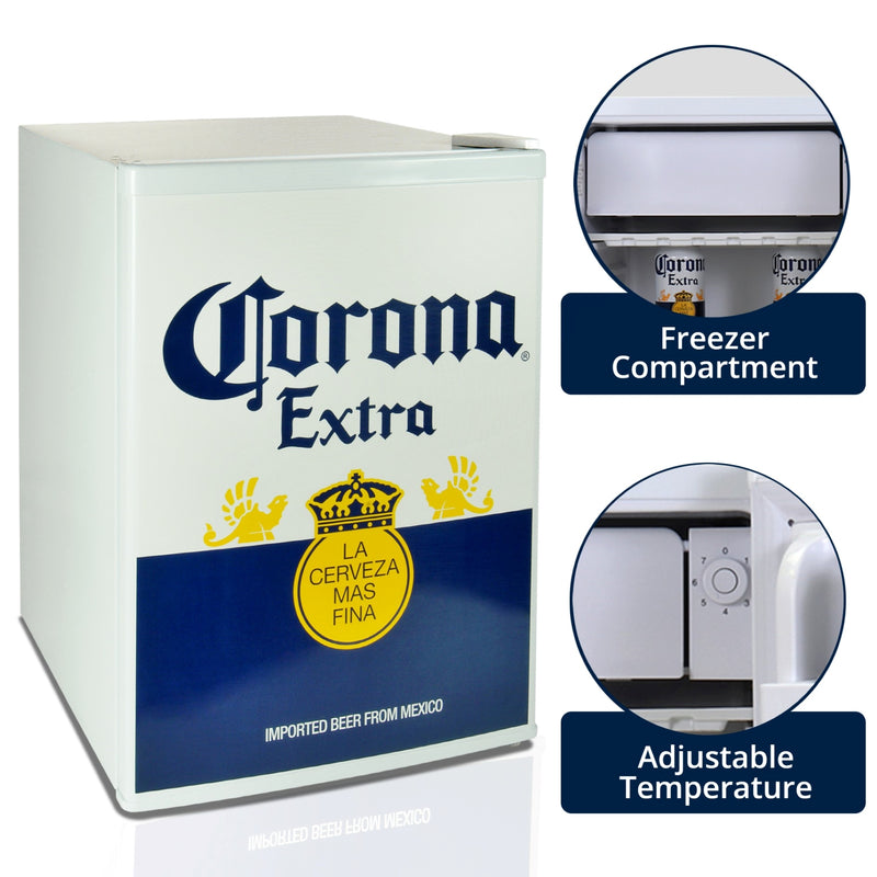 Product shot of Corona compact beer fridge with freezer on a white background with inset closeup images of features to the right, labeled: Freezer compartment; adjustable temperature