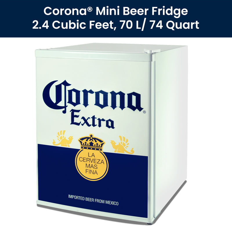 Product shot of Corona compact beer fridge with freezer on a white background, with text above reading, "Corona mini beer fridge, 2.4 cubic feet, 70 L / 74 quart"