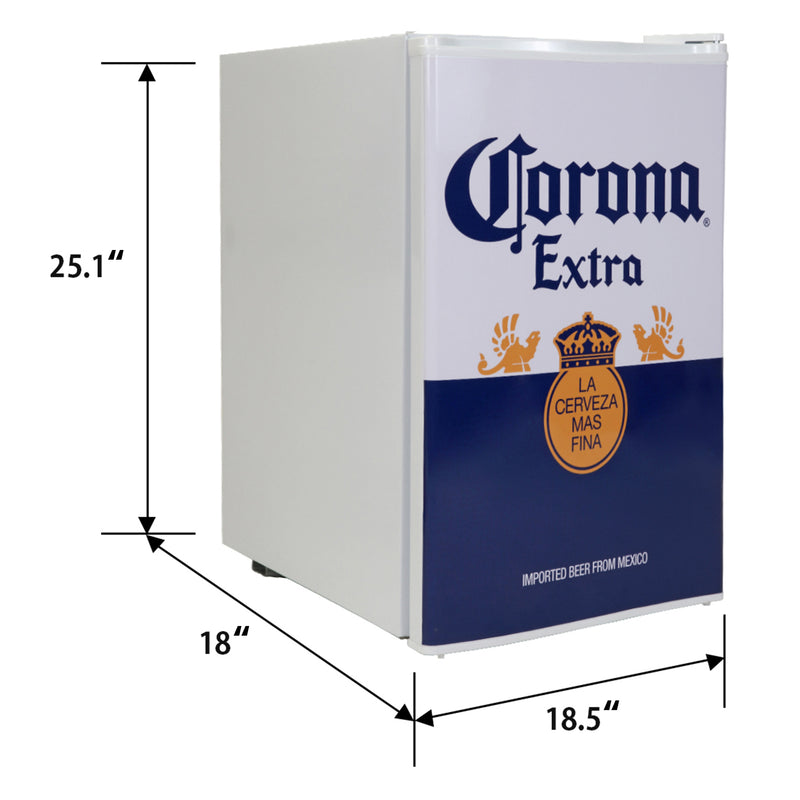 Product shot of Corona compact beer fridge with freezer on a white background, with dimensions labeled
