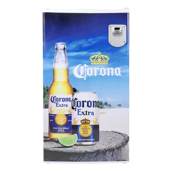 Product shot of Corona compact fridge with bottle opener, closed, on a white background
