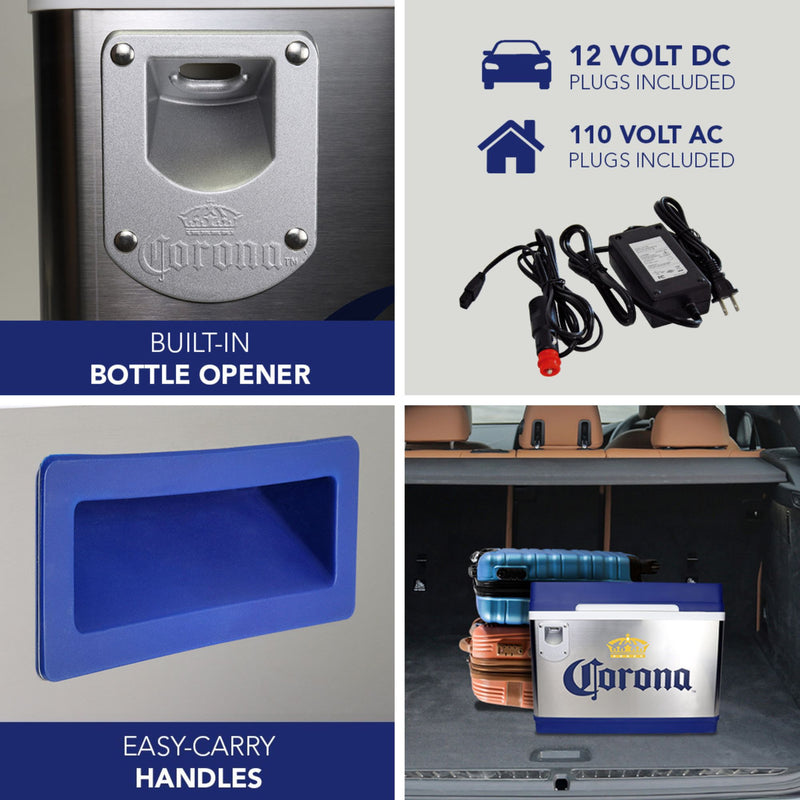 Three closeup images, labeled, show parts and features of the Corona Cruiser 12V portable cooler: Built-in bottle opener; 12 volt DC and 110 volt AC plugs included; easy-carry handles. A fourth square shows a lifestyle image of the cooler and two suitcases in the back of a hatchback vehicle