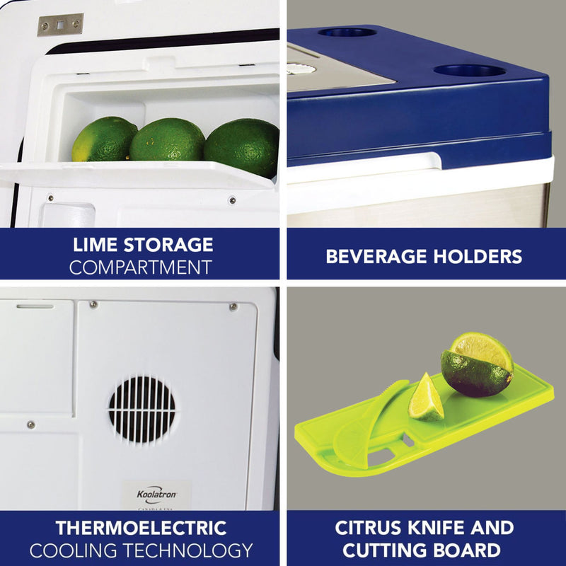 Four closeup images, labeled, show parts and features of the Corona Cruiser 12V portable cooler: Lime storage compartment; beverage holders; thermoelectric cooling technology; citrus knife and cutting board