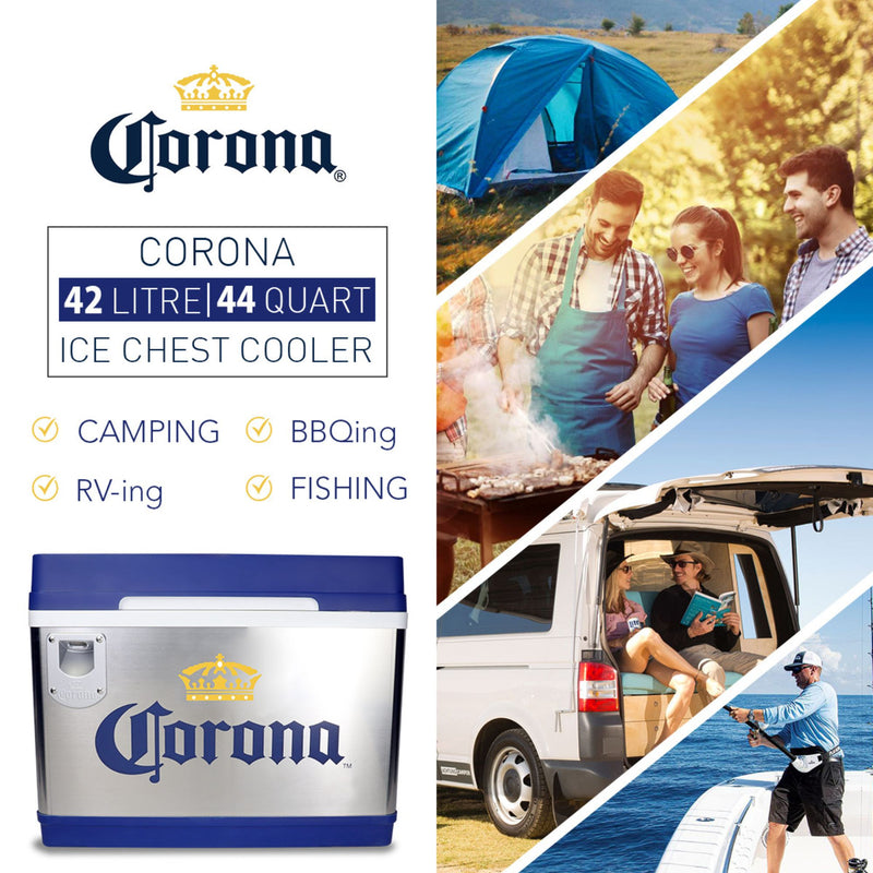 On the left is a product shot of Corona Cruiser thermoelectric cooler on a white background with the Corona logo and text above reading, "Corona 42 litre 44 quart ice chest cooler; Camping, BBQing, RV-ing, Fishing." On the right are four lifestyle images showing settings where you could use the cooler: a campsite with a tent; three people around a barbecue; two people sitting in the back of a van on a beach; a person fishing off a boat