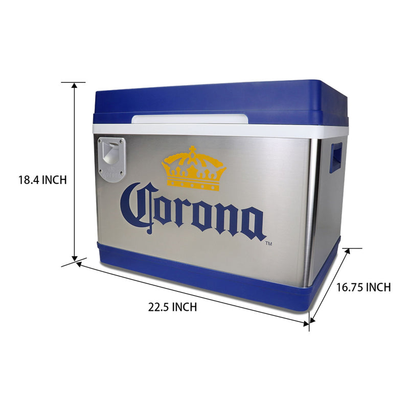Product shot of Corona Cruiser 12V stainless steel cooler on a white background with dimensions labeled