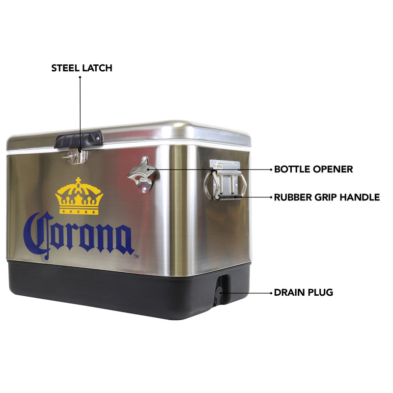 Product shot of Corona 54 quart ice chest with bottle opener, closed, on a white background, with parts labeled: Steel latch; rubber grip handles; bottle opener; drain plug