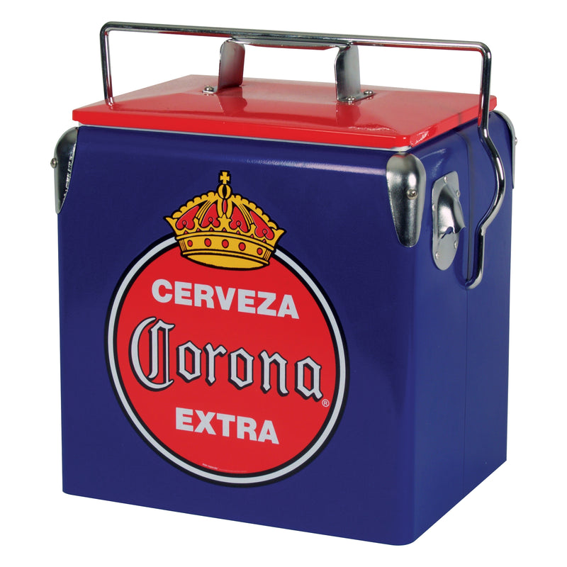 Product shot of Corona retro ice chest with bottle opener visible on the side, closed, on a white background