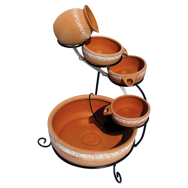 Product shot of cascading terracotta solar fountain on a white background