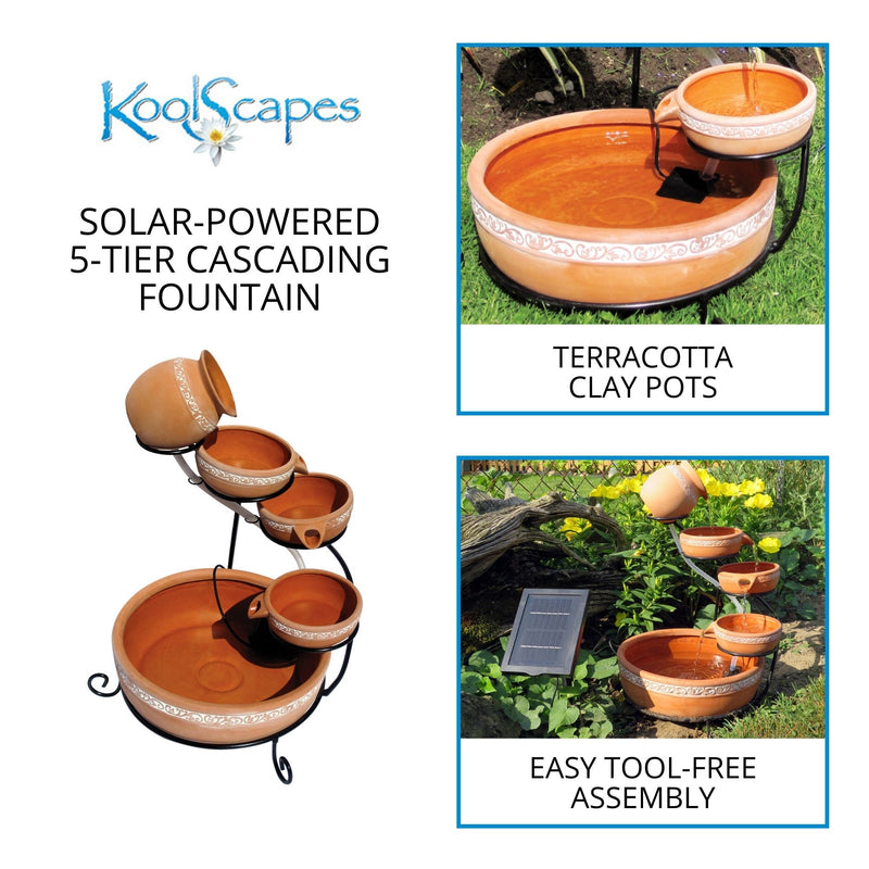 On the left is a product shot of the cascading terracotta solar fountain on a white background with text above reading, "Koolscapes solar-powered 5-tier cascading fountain. On the right are two lifestyle images: Top shows a closeup of the bottom two tiers with water running, labeled, "Terracotta clay pots." Bottom shows the fountain with water running and solar panel on ground stake to the left with driftwood, plants, and yellow flowers in the background, labeled, "Easy tool-free assembly"
