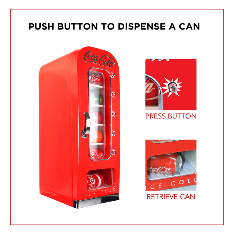 On the left is a product shot of Coca-Cola 10 can vending mini fridge filled with cans of Coke products. On the right are two inset closeups, labeled: Top is a closeup of the dispensing button, labeled, "push button," and bottom is a closeup of the dispensing opening with a can of Coke in it, labeled, "retrieve can." Text above reads, "Push button to dispense a can"