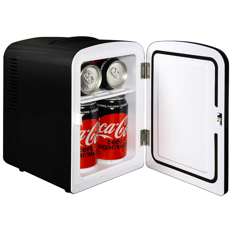 Product shot of Coca-Cola Coke Zero 6 can mini fridge open with 6 cans of Coke Zero inside on a white background
