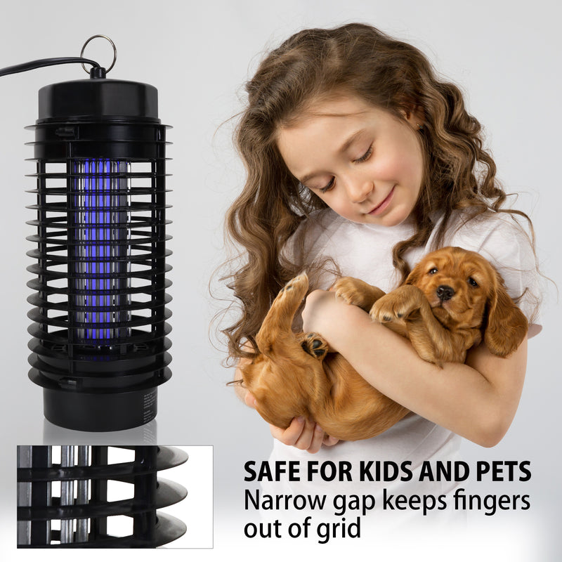 To the left is a product shot of the Bite Shield electronic flying insect zapper on a light gray background with an inset closeup of the ABS housing grid underneath it. To the right is a picture of a child with light skin and long wavy brown hair holding a golden retriever puppy. Text below reads, "Safe for kids and pets: Narrow gap keeps fingers out of grid"