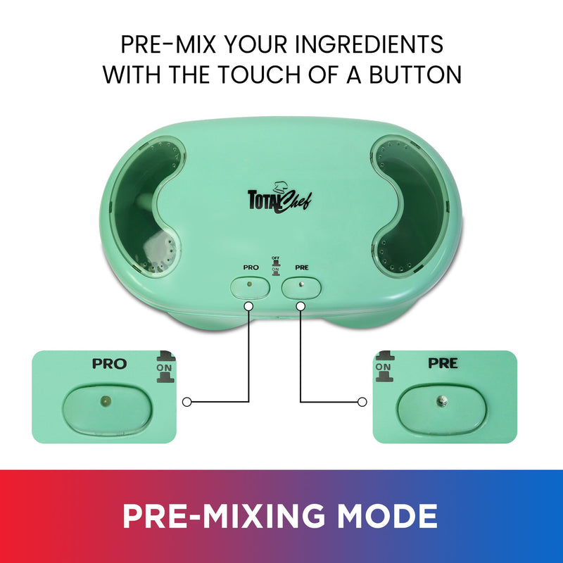 Product shot of top of ice cream maker with inset close-ups of "Process" and "Pre-mix" buttons. Text above reads, "Pre-mix your ingredients with the touch of a button." Text below reads, "Pre-mixing mode"