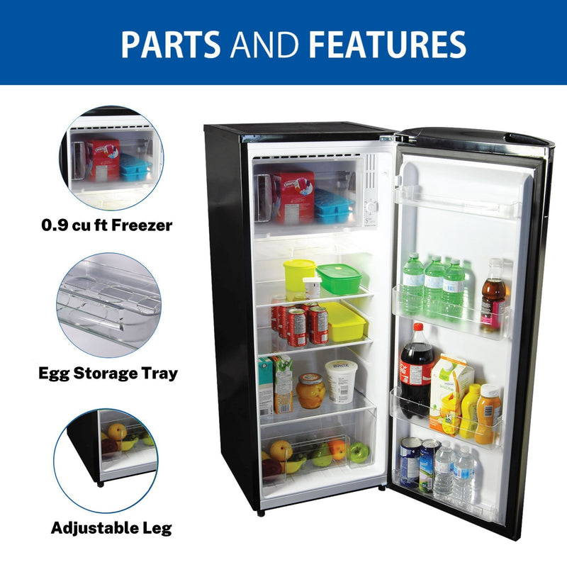 Product shot of compact fridge, open and filled with food, with inset closeup images of parts to the left, labeled: Adjustable temperature; 0.9 cu ft Freezer; Egg compartment; Leveling leg. Text above reads, "Parts and features"