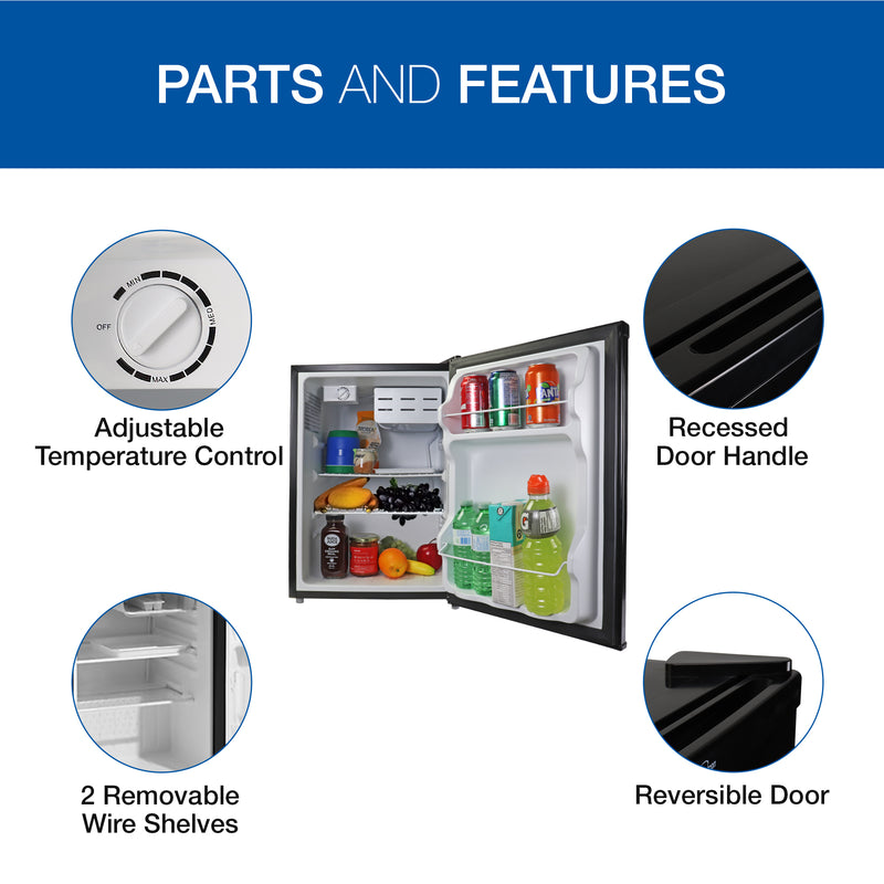Product shot of open compact fridge surrounded by inset closeup images of parts, labeled: Adjustable temperature control; recessed door handle; reversible door; 2 removable wire shelves. Text above reads, "Parts and features"