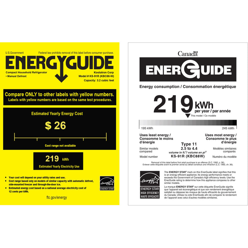 US and Canada Energy Guide certificates for KBC88W 3.2 cu ft compact fridge with freezer showing estimated yearly energy cost of $26 and estimated yearly energy consumption of 219 kWh