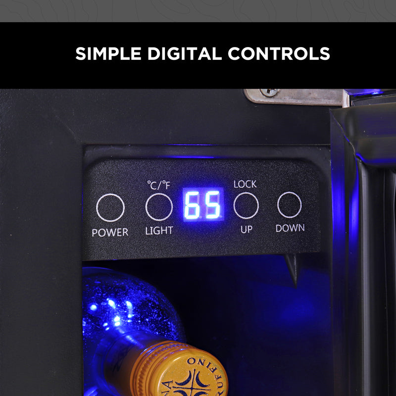 Closeup image of the 7-bottle wine fridge control panel with a bottle of wine visible below. The LED display reads, "65" and a text overlay reads, "Simple digital controls"