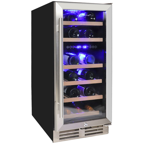 Koolatron 15 inch dual zone wine fridge closed with bottles of wine inside
