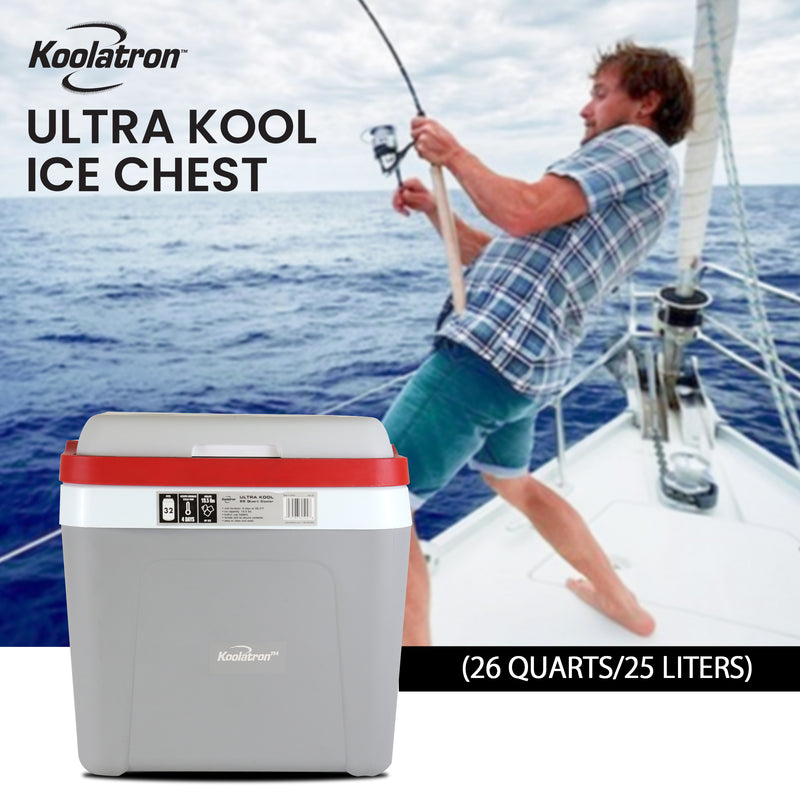 Product shot of Koolatron 26 qt ice chest cooler in the foreground with a lifestyle image of a person in teal shorts and a short-sleeved blue plaid shirt fishing from a sailboat in the background. Text overlay reads, "Koolatron ultra kool ice chest; 26 quarts/25 liters"